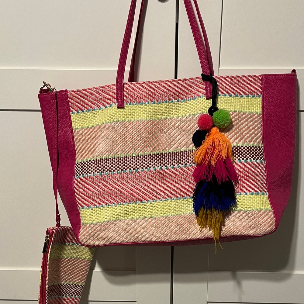 Sondra Roberts Pink and Yellow Striped Boho Tote
